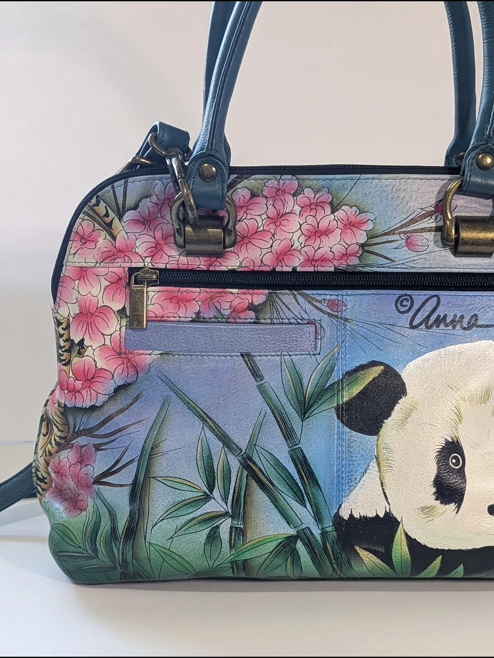Anuschka Hand Painted Leather Satchel Panda Floral Crossbody Shoulder Bag Art